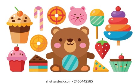 Cartoon sweets. Sweet dessert, candy, cute cake, lollipop, chocolate, sugar pastry, ice cream, donut, caramel, colorful bakery, bear dragee. Vector set.