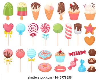 Cartoon Sweets. Sweet Ice Cream, Cupcakes And Chocolate Candies. Delicious Donut, Cookies And Candy On Stick Vector Illustration Set. Collection Of Tasty Confections, Muffins, Ice Pops, Lollipops.