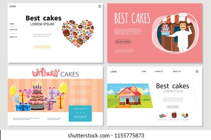 Cartoon sweets websites set with donuts macaroons cupcakes cakes muffins confectioner present boxes balloons candy shop vector illustration