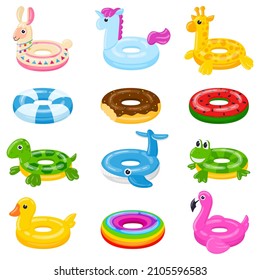 Cartoon swim rings, pool games rubber toys, colorful lifebuoys. Swimming circles, cute pool watermelon, donut and duck toys vector illustration set. Summer swimming lifebuoys. Ring rubber toy for pool