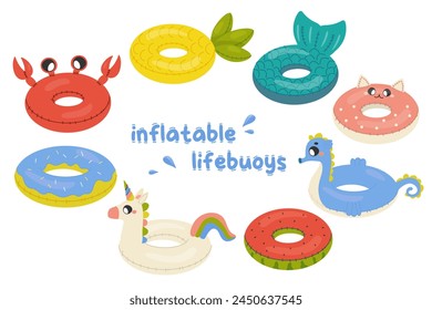 Cartoon swim rings, pool games rubber toys, colorful lifebuoys. Swimming circles, cute pool  crab, unicorn, pineapple, mermaid, watermelon, donut, seahorse, cat.