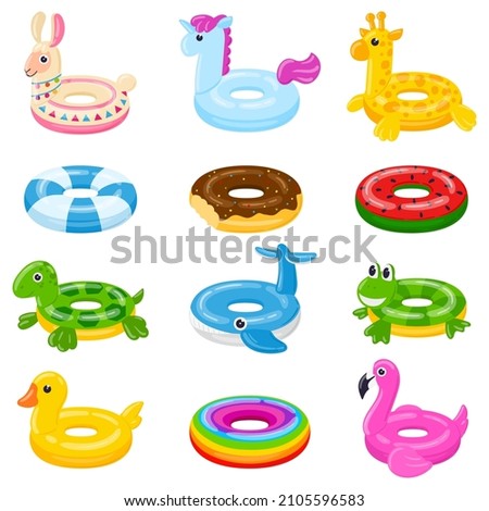 Cartoon swim rings, pool games rubber toys, colorful lifebuoys. Swimming circles, cute pool watermelon, donut and duck toys vector illustration set. Summer swimming lifebuoys. Ring rubber toy for pool