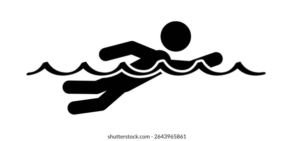 Cartoon swimmer icon. Summer sports concept. Swim in the swimming pool. Waterpark idea. Stick figure man swimming in water. Swimming with water wave lines. Swimming pool for recreational activity