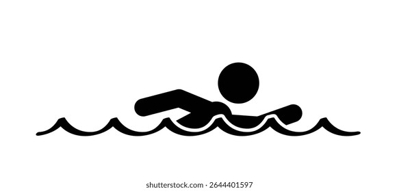 Cartoon swimmer icon. Summer sports concept. Swim in the swimming pool. Waterpark idea. Stick figure man swimming in water. Swimming with water wave lines. Swimming pool for recreational activity