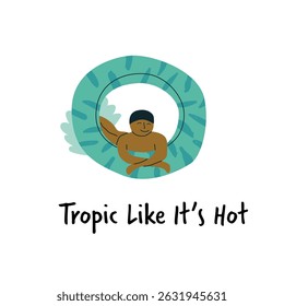 Cartoon swimmer with inner tube and tropical leaf design.