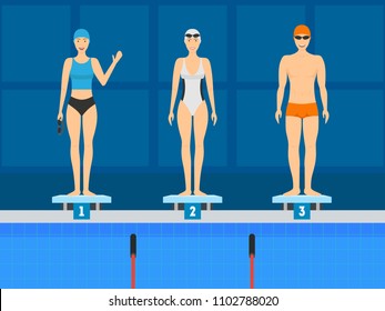 Cartoon Swimmer on the Starting Line Concept Concept Scene Sport Athlete Competition Element Flat Design Style. Vector illustration