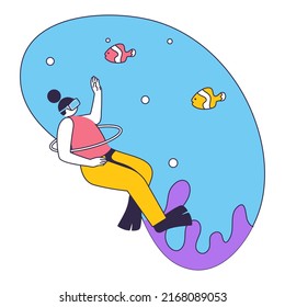 Cartoon Swimmer Woman Watching To Imaginary Fishes In Underwater Through VR Glasses On Blue And White Background.