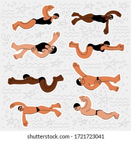 Cartoon swimmers stickers. Colorful competitive swimming styles illustrations, diverse men and women. Die cut line provided.