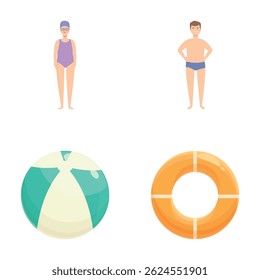 Cartoon de nadadores em maiôs e colorido anéis infláveis e bola de praia