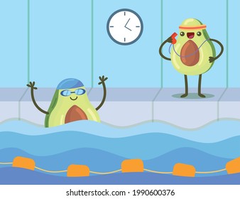 Cartoon swimming couch and swimmer avocados characters in pool. Cute fruit exercising, doing sport. Trainer standing with whistle, recording time vector illustration. Fitness, health concept