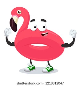 cartoon swimming float inflatable pink flamingo mascot shows its strength on a white background