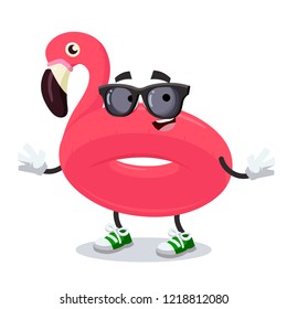 cartoon swimming float inflatable pink flamingo character mascot in black sunglasses on a white background
