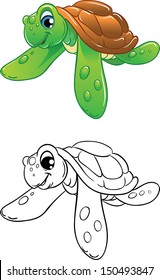 Cartoon swimming marine turtle, color illustration and black-and-white outline. Best for coloring book