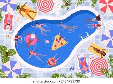 Cartoon swimming pool scene. People sunbathing, swimming and floating on inflatable rings in swimming pool, summer water activities flat vector illustration. Summer pool vacation pastime