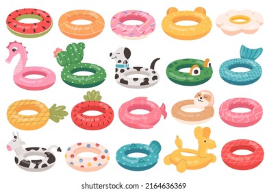 Cartoon swimming ring. Funny animals floating rings for kids. Summer swimming pool toys set. Inflatable summer runner life buoy ring for children safety. Vector illustration