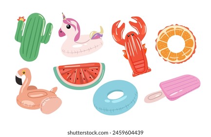 Cartoon swimming ring. Funny flamingo, cactus, unicorn ,ice cream , watermelon , cancer ,orange rings. Summer swimming pool toys vector illustration set. Inflatable summer flat vector illustration