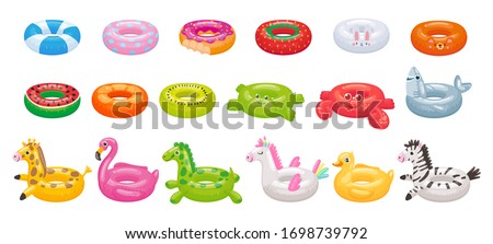 Cartoon swimming ring. Funny flamingo, shark, unicorn and duck floating rings. Summer swimming pool toys vector illustration set. Inflatable summer duck ring, swimming watermelon rubber Foto stock © 