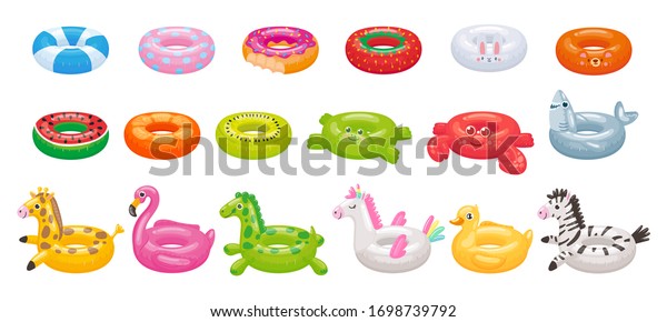 Cartoon swimming ring. Funny flamingo, shark,\
unicorn and duck floating rings. Summer swimming pool toys vector\
illustration set. Inflatable summer duck ring, swimming watermelon\
rubber