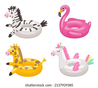 Cartoon swimming ring. Rubber inflatable toy of different shapes as zebra, flamingo, giraffe and unicorn. Pool accessory for swimming and relaxing. Equipment for water floating vector set