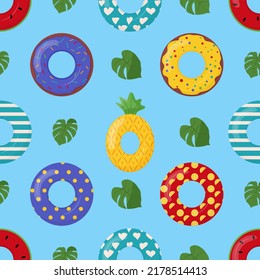 Cartoon swimming ring seamless pattern. Rubber or inflatable ring. Life saving floating lifebuoy for beach. Symbols of vacation or holiday.