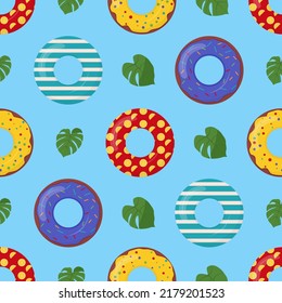 Cartoon swimming ring seamless pattern. Rubber or inflatable ring. Life saving floating lifebuoy for beach. Symbols of vacation or holiday.