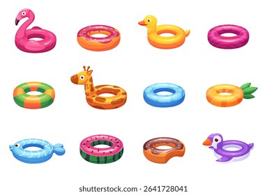Cartoon swimming rings. Rubber ring for swim and play in water. Inflatable circle different animals and food, pineapple, flamingo, nowaday vector clipart