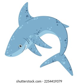 Cartoon swimming shark. Cute ocean shark creature, underwater predator mascot, marine shark predator flat vector illustration on white background