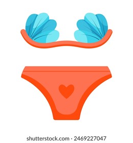 Traje de baño de dibujos animados con un sujetador en forma de conchas, y bragas con un corazón. Ropa interior de piscina y playa para mujer.
