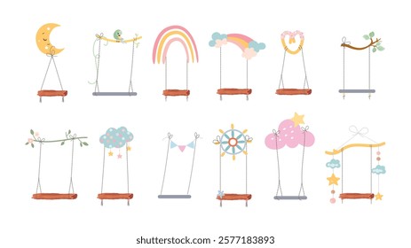 Cartoon swings collection. Isolated swing with abstract decoration, hang hammocks hanging on moon, cloud, rainbow, steering wheel, tree branch, vector set