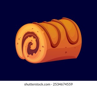 Cartoon Swiss roll confectionery and sweet pastry. Vector delightful dessert with a swirled chocolate filling and a golden-brown exterior. Freshly baked biscuit, soft and inviting sweet snack or treat