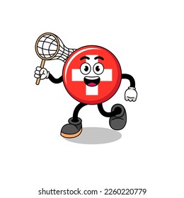 Cartoon of switzerland catching a butterfly , character design