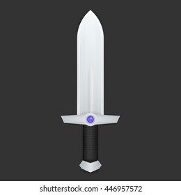 Cartoon sword with blue gem on dark, vector illustration