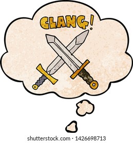 cartoon sword fight with thought bubble in grunge texture style