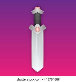 Cartoon sword for game with red gem and black handle, vector illustration