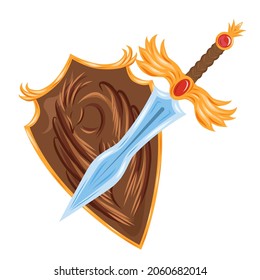 Espada de caricatura y escudo con un escudo de armas con un pájaro. Protección y fuerza. Ricos uniformes de caballero. Ilustración vectorial para iconos, logotipos, juegos y aplicaciones