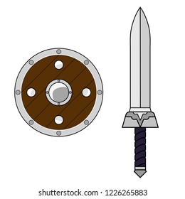 Cartoon Sword and Shield isolated on white background. Medieval Weapon. Adventure Items. Vector illustration for Your Design, Game, Card, Web.
