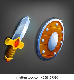 Cartoon sword and shield. Vector illustration.