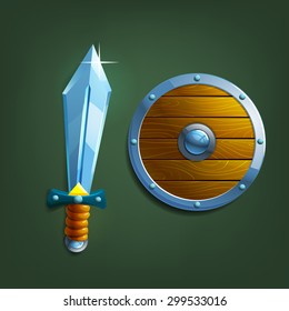Cartoon sword and shield. Vector illustration.