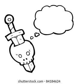 cartoon sword in skull tattoo with thought bubble