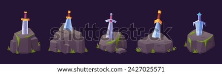 Cartoon sword in stone. Iron weapons stuck in stones, tale swords excalibur. Medieval magic weapon for children fairytale, nowaday vector elements