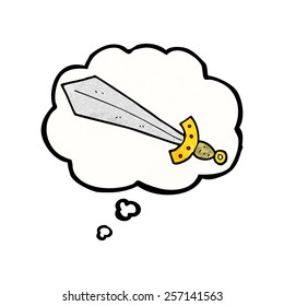 espada de dibujos animados con burbuja de pensamiento