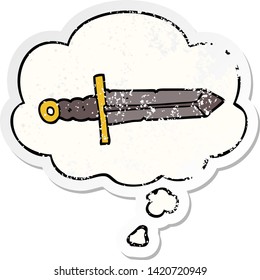 cartoon sword with thought bubble as a distressed worn sticker