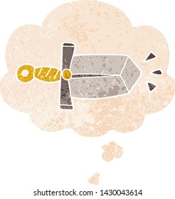 cartoon sword with thought bubble in grunge distressed retro textured style
