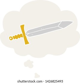 cartoon sword with thought bubble in retro style