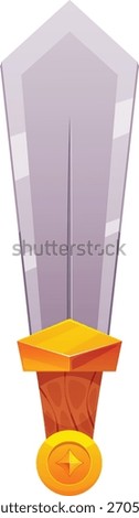 Cartoon sword vector icon. Iron sharp wide blade saber. Old weapon equipment. Dagger isolated on white background. Ancient warrior or medieval knight war game asset. Vintage knife
