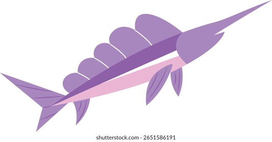 Cartoon Espadarte com Barbatanas Violetas Nadando em Pé