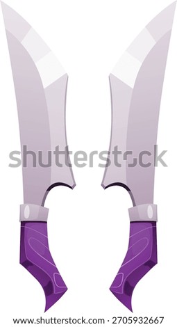 Cartoon swords and daggers pair vector icon. Iron sharp blade sabers with purple handle. Old weapon equipment isolated on white background. Ancient warrior or medieval knight and war game asset