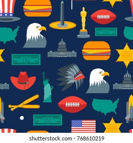 Cartoon Symbol of America Background Pattern Flat Style Design Element Travel Business. Vector illustration