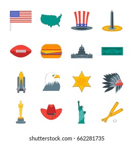 Cartoon Symbol of America Color Icons Set, Flat Style Design Element Travel Business. Vector illustration