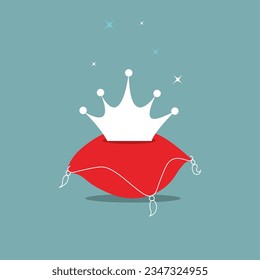 Cartoon symbol of a crown on a royal red pillow.Throne isolated icon for king, prince, princess or queen.Vector illustration on a green background.